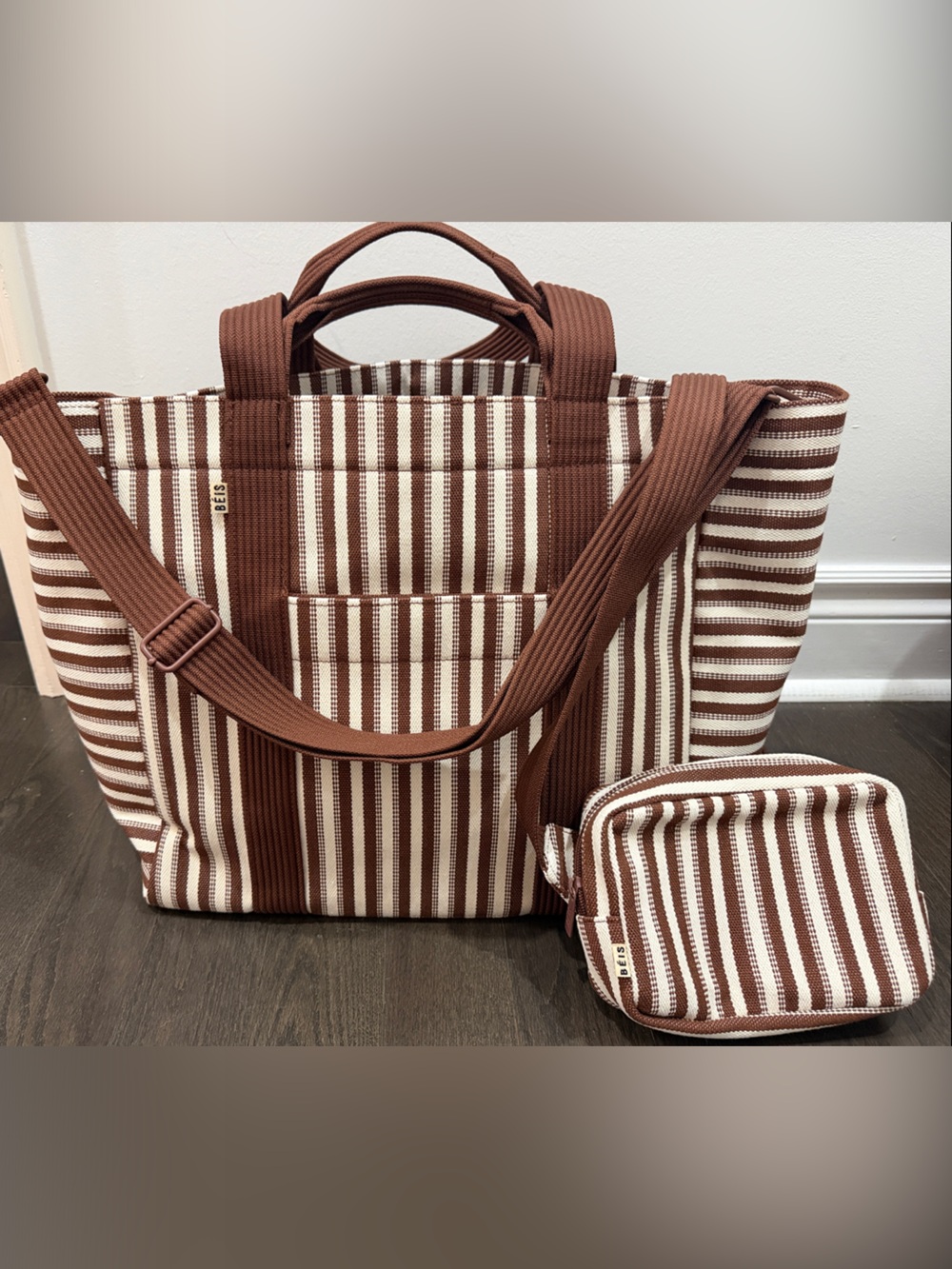 BEIS Brown & White Striped Canvas Vacation Tote with Matching crossbody